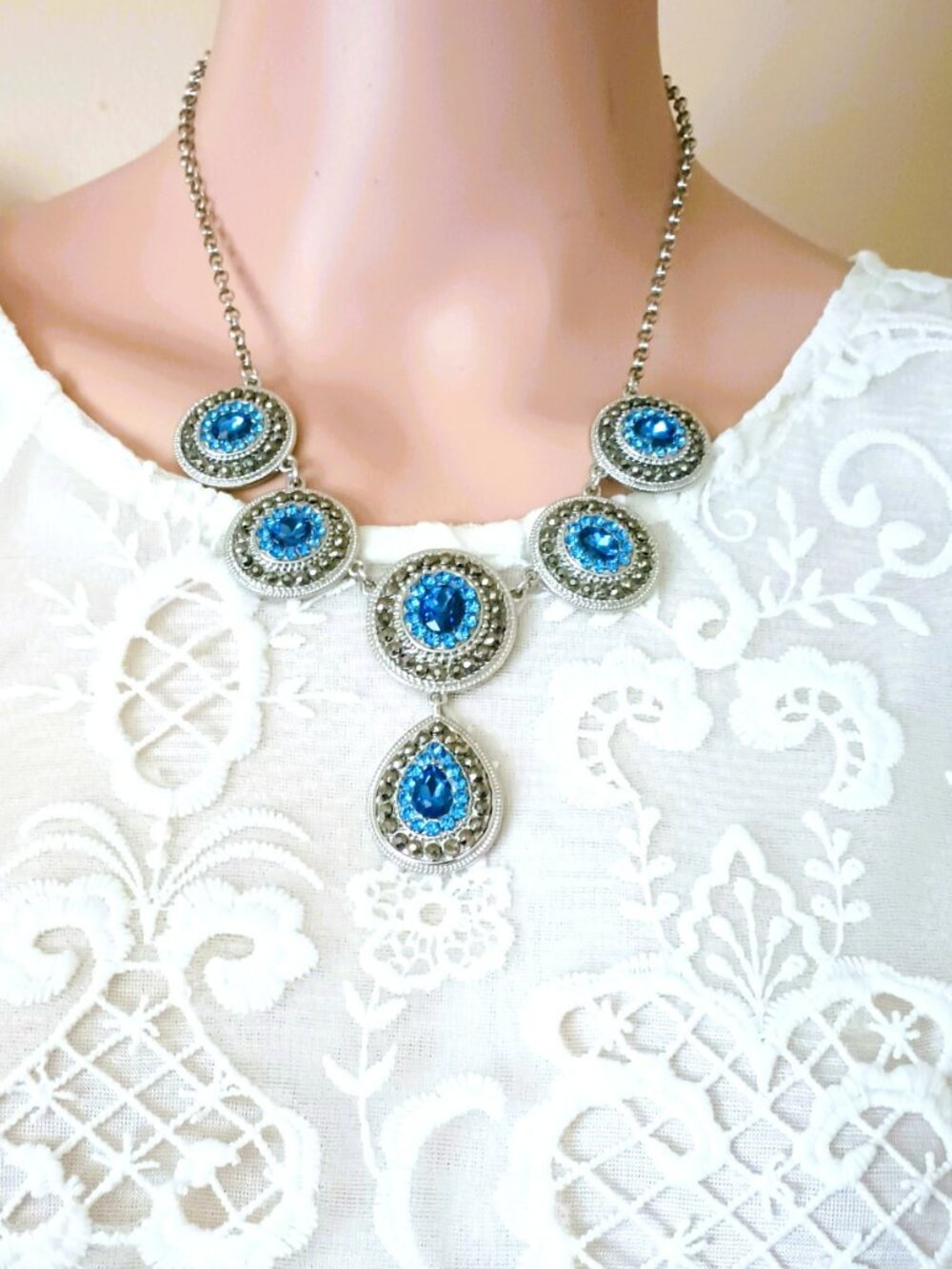 Monet Y-Drop Necklace 16" Silver & Blue Rhinestones & Hematite Statement Jewelry